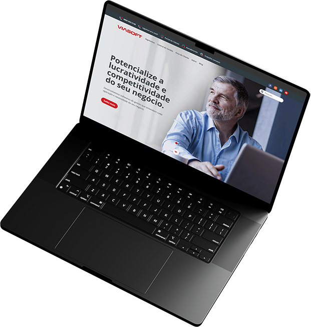Mockup de notebook exibindo o site da Viasoft com destaque para um homem sorrindo e o texto 'Potencialize a lucratividade e competitividade do seu negócio' na tela